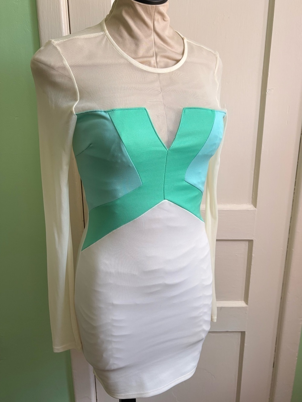 Cream Teal Mint Long Sleeve Mesh Panel Bodycon Dress - Picture 3 of 8